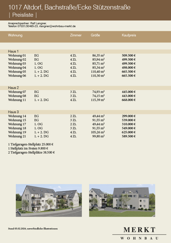 Preisliste Preisinformation Eigentumswohnung in Altdorf Kreis Böblingen / Sindelfingen